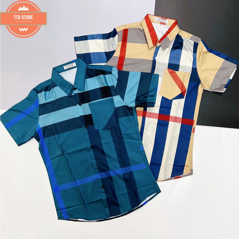 Áo sơ mi 3D tay ngắn chất lụa Caro thêu ngực hoạ tiết BURB đẹp mắt thoáng mát phong cách trẻ trung thời trang nam nữ