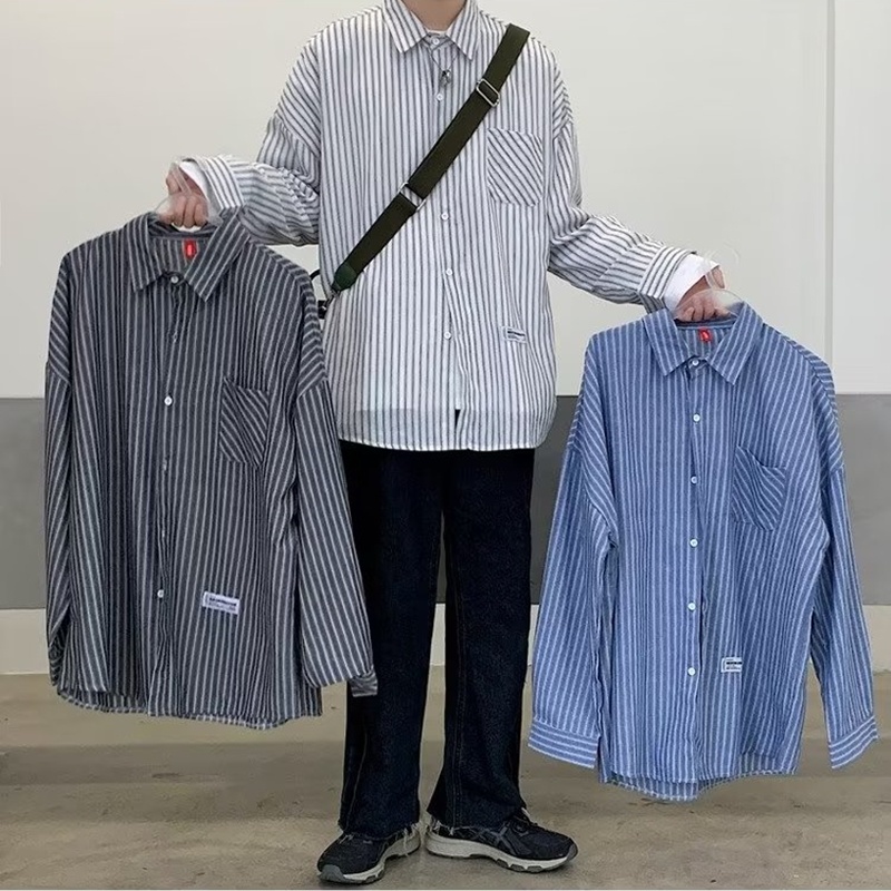 Áo Sơ Mi Kẻ Sọc Dáng Rộng Phong Cách Hong Kong Thời Trang Mùa Thu Cho Nam Size M-3xl