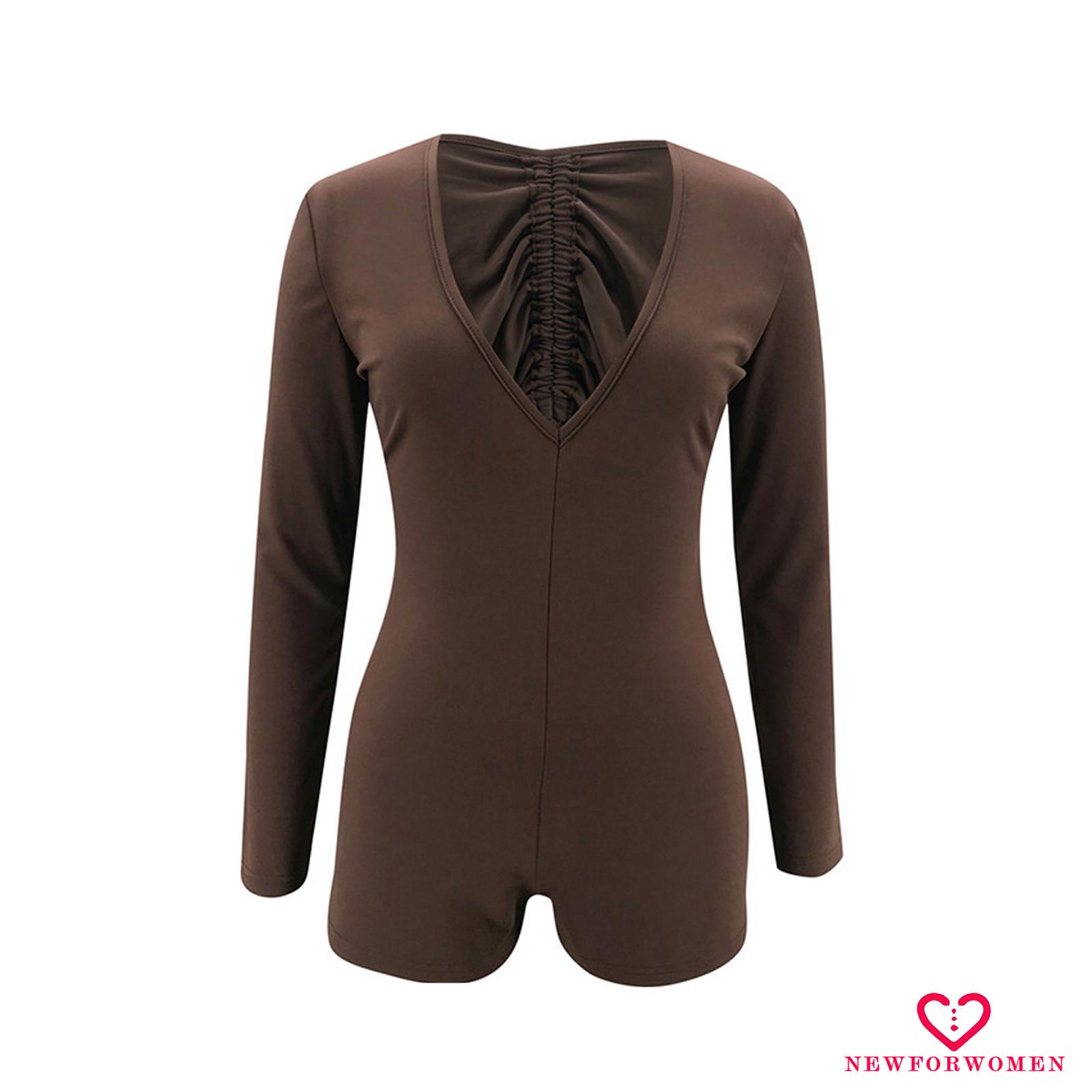 Jumsuit Tay Dài Cổ Chữ V Màu Nâu Trơn Gợi Cảm Cho Nữ | BigBuy360 - bigbuy360.vn