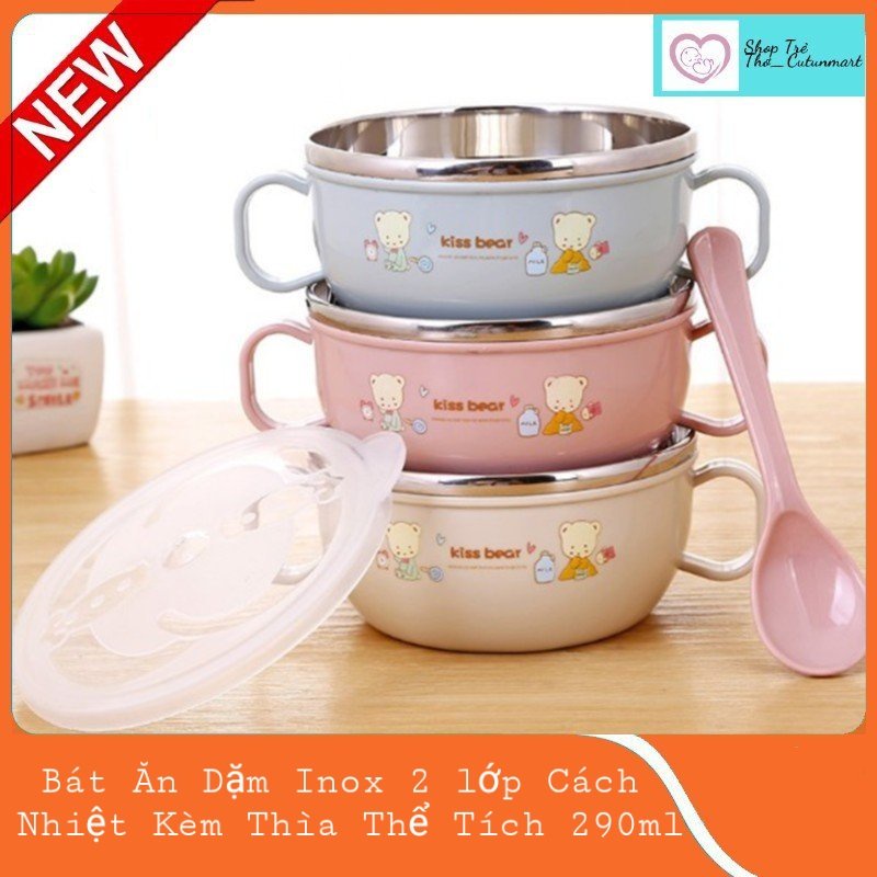 Bát ăn dặm giữ nhiệt 2 lớp ruột inox kèm thìa và nắp đậy có 2 tai cầm cho bé