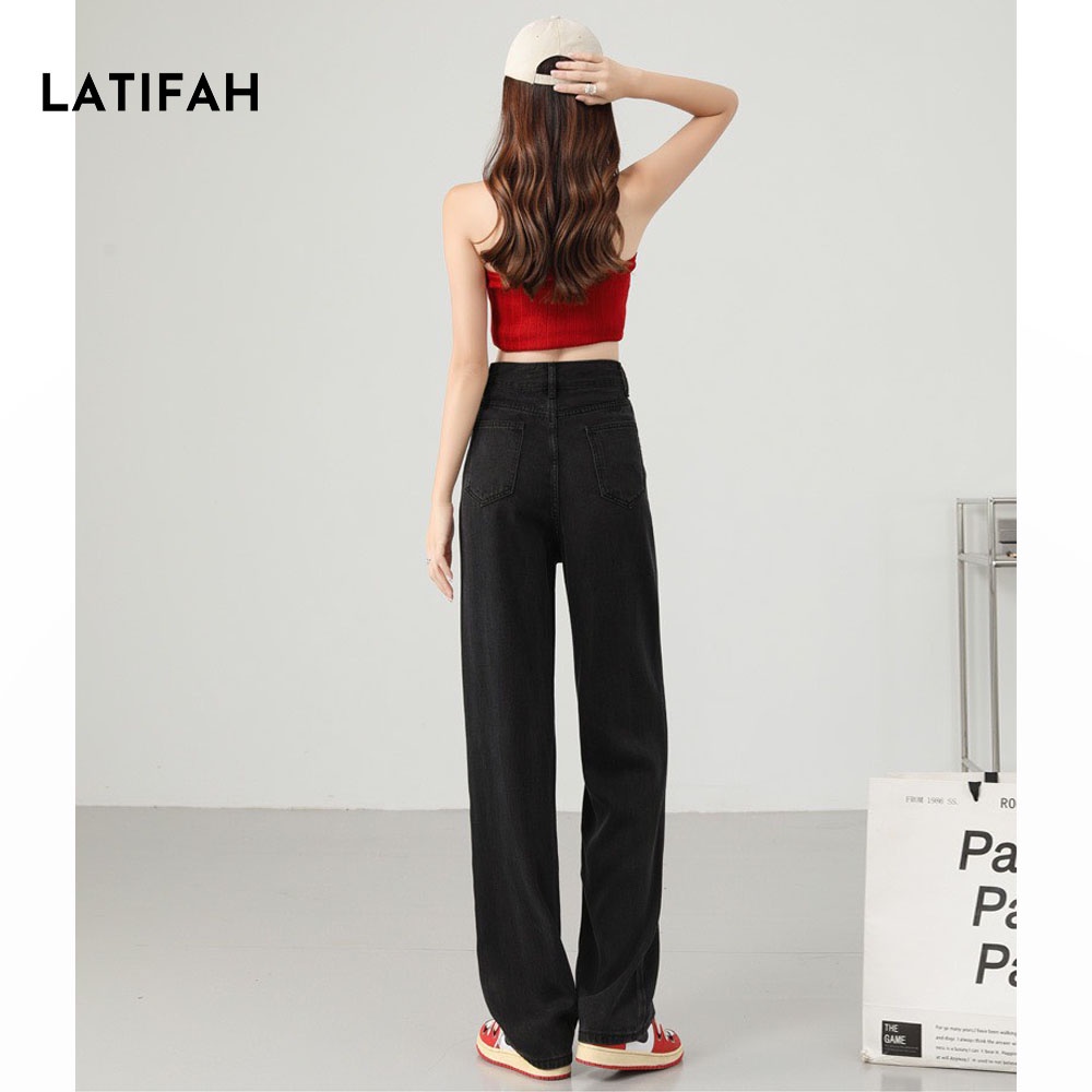 Quần baggy jean nữ LATIFAH ống rộng dài 98cm gài cúc eo màu đen QD042
