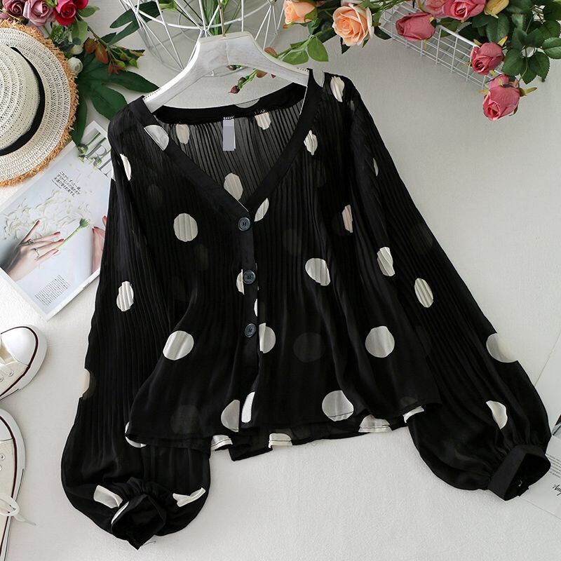 Áo Sơ Mi Chiffon Mỏng Tay Phồng Cổ Chữ V Dáng Rộng Họa Tiết Chấm Bi Xinh Xắn Cho Nữ