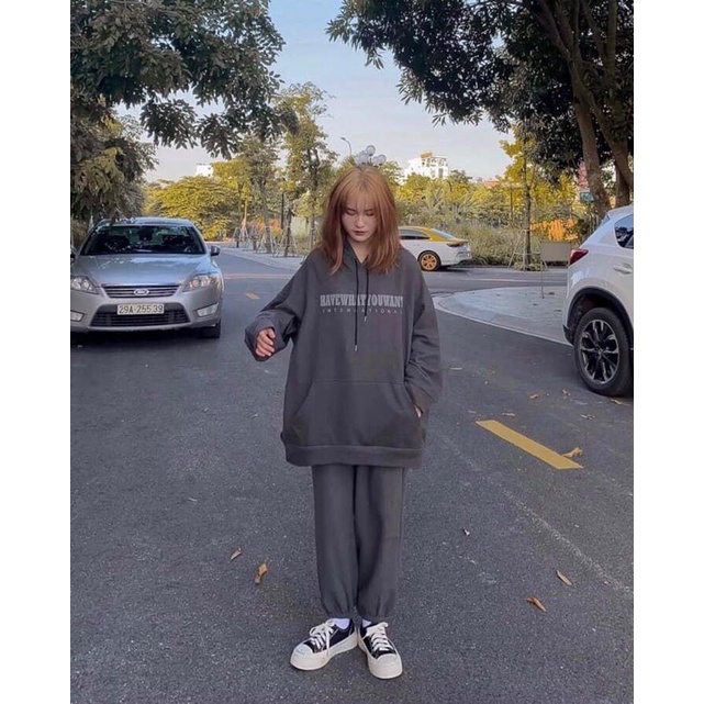 Set Nỉ Starry Xám JOLIE Nữ [FREESHIP]  Bộ đồ Foruyes form rộng tay bồng, quần ống Boom áo sweater cá tính Ulzzang