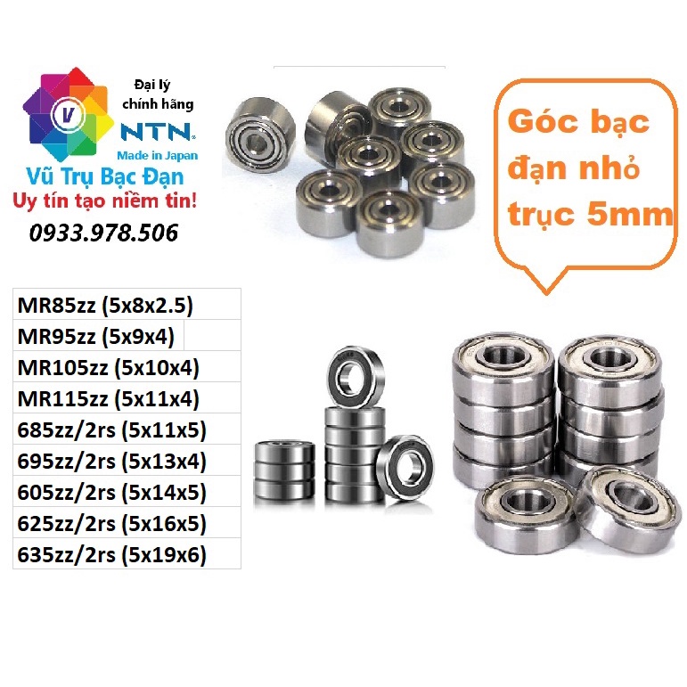 Vòng bi Bạc đạn 685, 695, 605, 625, 635, 5x8x2.5, 5x9x3, 5x10x4, 5x11x4 đầy đủ size lỗ trục 5 ly/ 5mm TQ