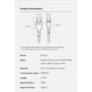 Cáp sạc nhanh type-C (25cm) Baseus Cafule Series Metal Data Cable 40W