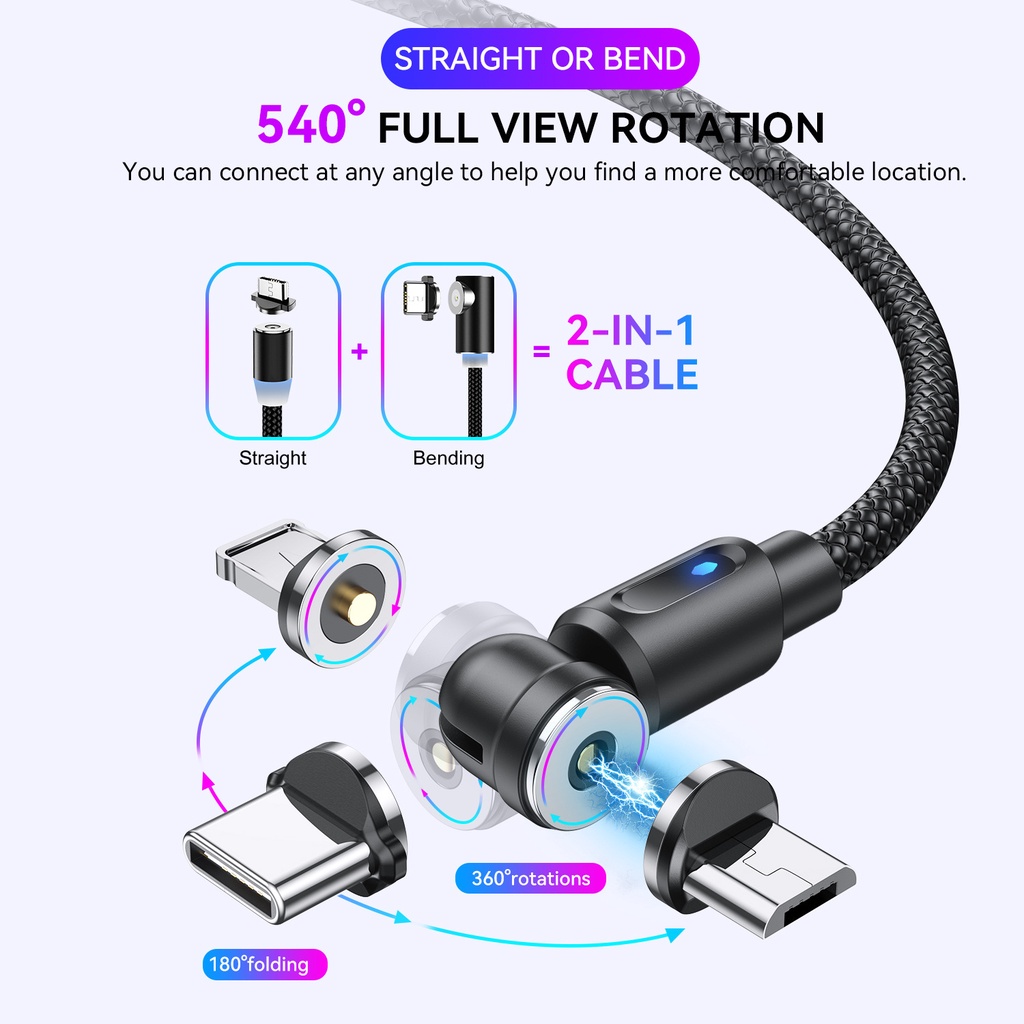 Dây Cáp Sạc Có Nam Châm Xoay 540 Độ Cho Apple Android Type C