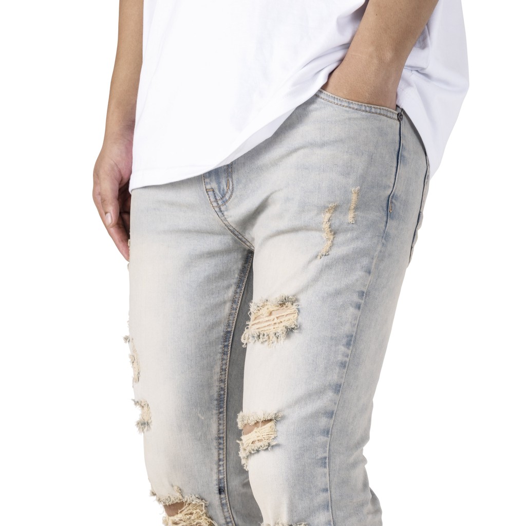 Quần jean nam streetwear cao cấp FNOS Z17 màu xanh wash bụi form slimfit có zip jean co giãn | BigBuy360 - bigbuy360.vn