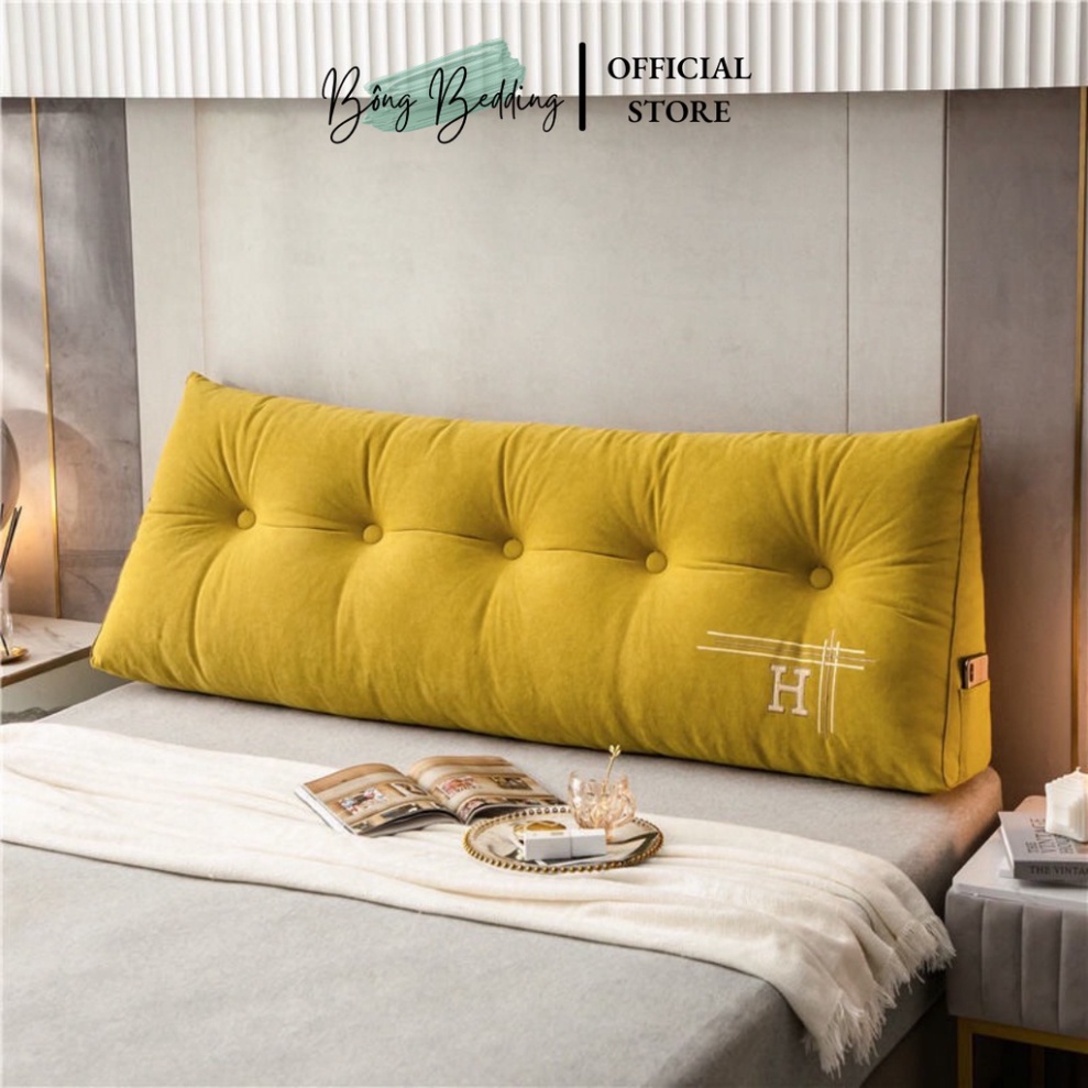 Gối Tựa Đầu Giường HIN BEDDING Hình Tam Giác Thêu Chữ H Đính Khuy Bọc Cao Cấp Có Sẵn 1m8 Và 1m5