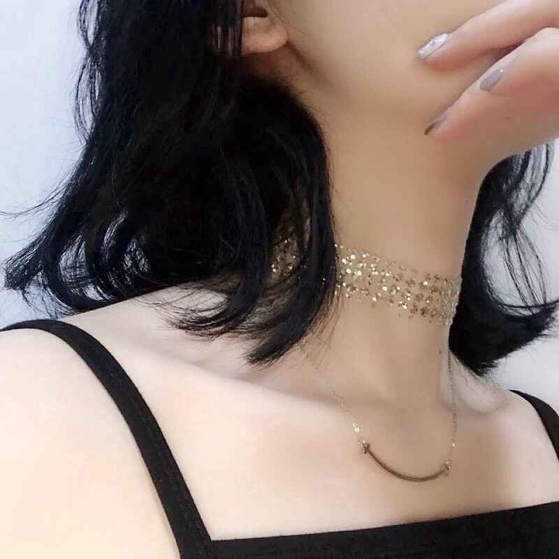 Vòng Cổ Choker Bản To Đính Kim Sa Lấp Lánh