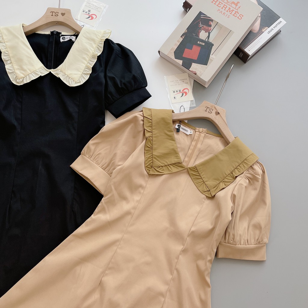 VÁY KAKI DÁNG A SIÊU GỌN MIX CỔ BÈO TIỂU THƯ DK153 | BigBuy360 - bigbuy360.vn