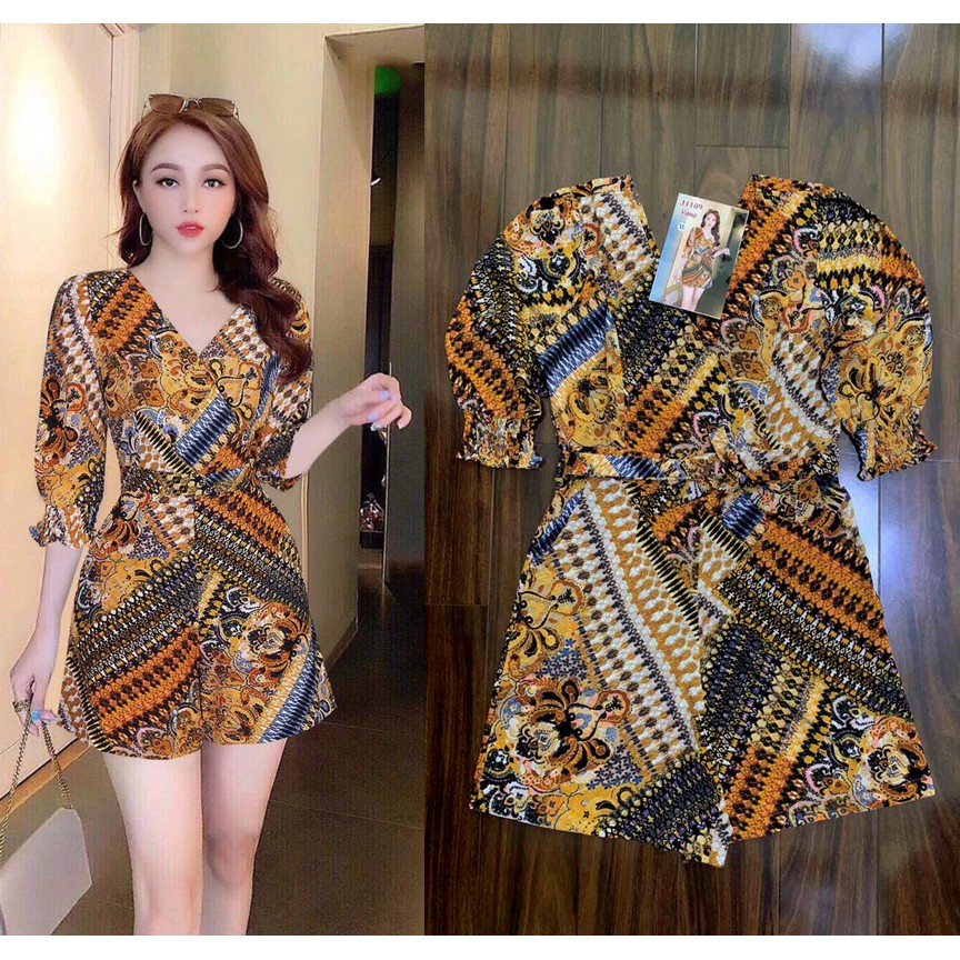 Jumsuit Ngắn 💝FREESHIP💝 Jumpsuit ngắn cổ tim tay lỡ họa tiết dây kéo lưng xinh xắn J1109