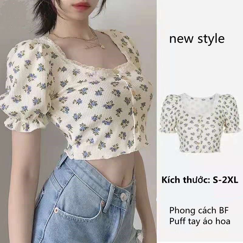  G&G Áo Croptop tay phồng cổ vuông họa tiết hoa thời trang S-2XL