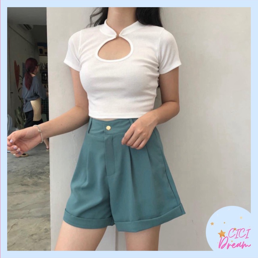 Quần short nữ ống rộng cạp khuy, quần đùi nữ ống rộng khuy trước gấp gấu nhiều màu