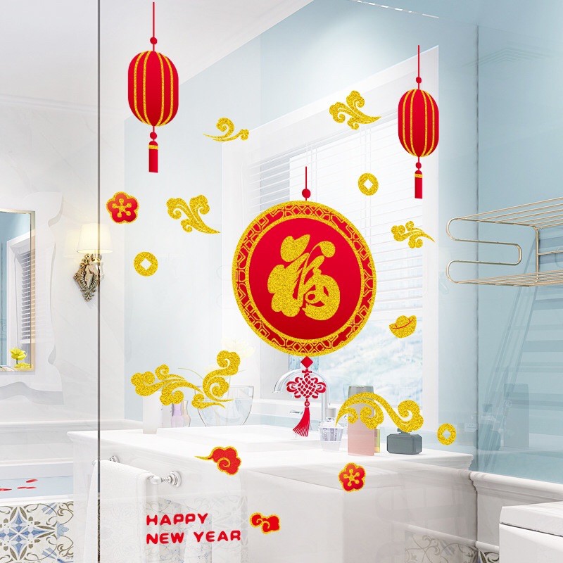 Decal trang trí tường - Bảng vòng chữ Phúc Nhũ Kim tuyến mẫu mới