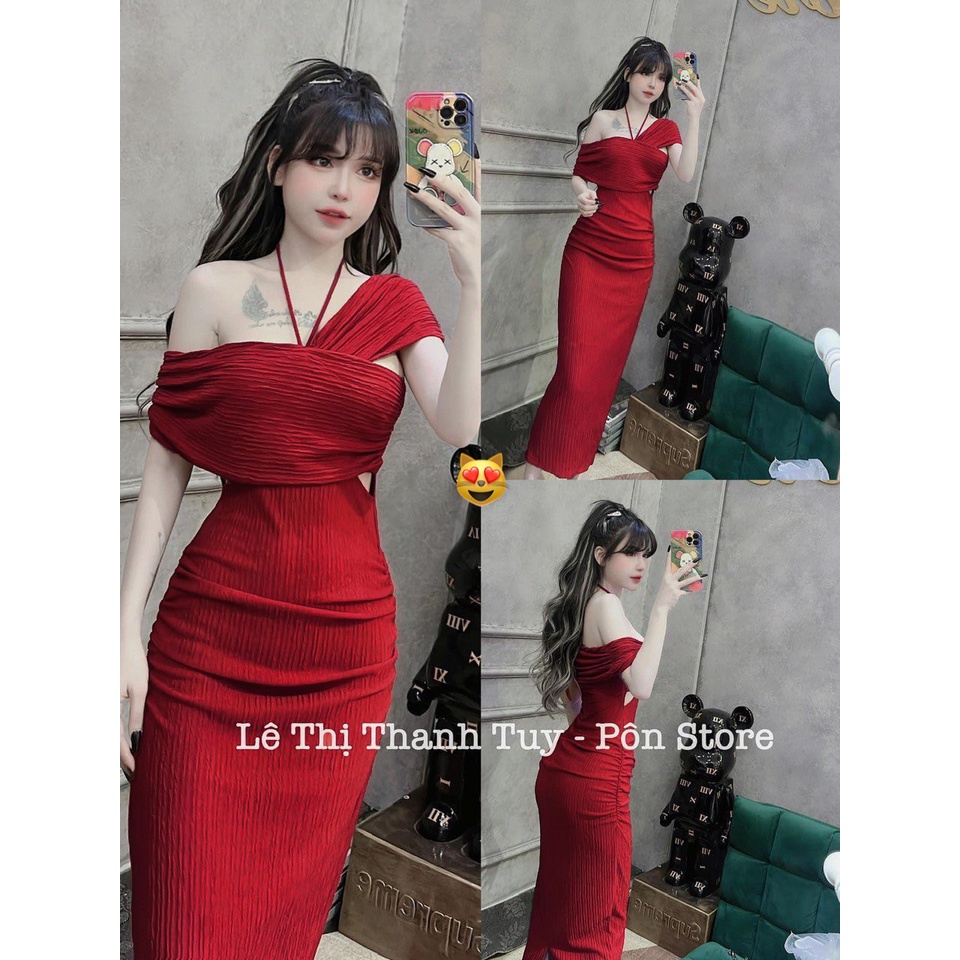 Đầm body nữ chất xốp dáng dài midi kiểu khoen eo cổ dây lệch vai hot