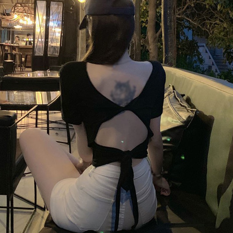 Áo Thun Tay Ngắn Cổ Tròn Phối Nơ Sau Lưng Thiết Kế Màu Trơn Thanh Lịch