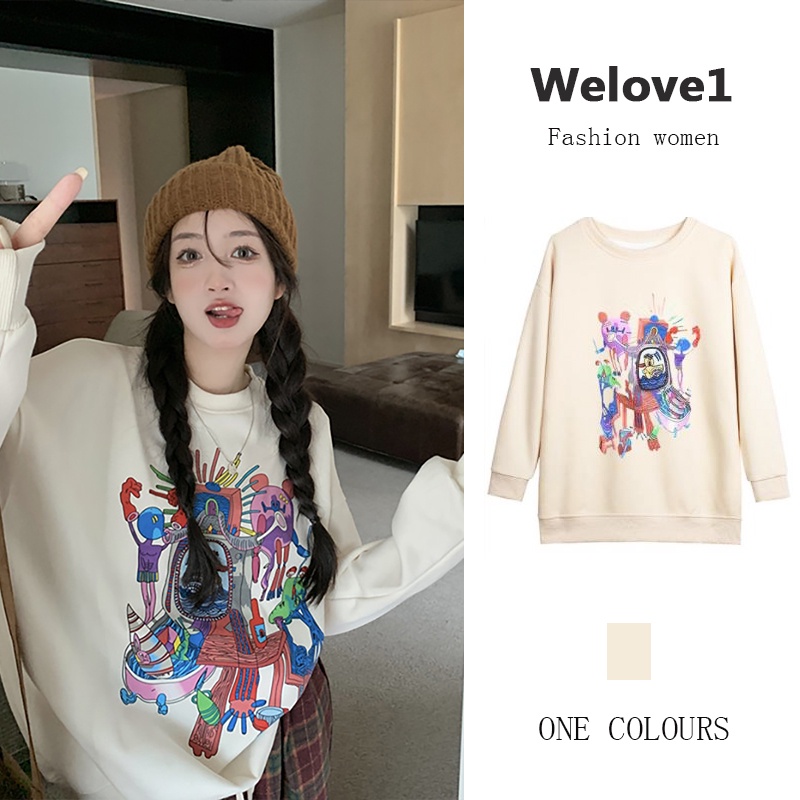 Áo Sweater Cổ Tròn Tay Dài Dáng Rộng In Họa Tiết Hoa Xinh Xắn Thời Trang Hàn Quốc Cho Nữ