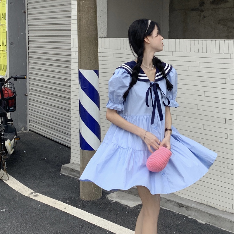 IELGY Đầm Dáng Rộng Màu Trắng Cà Vạt Màu Xanh Navy Thời Trang Cho Nữ