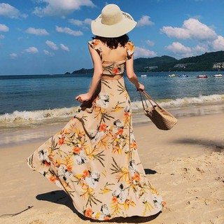 [HOT]Đầm maxi hoa cột eo xẻ tà[HIT]