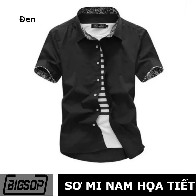 Áo sơ mi Nam BIGSOP CH01 cổ hoa màu đen ngắn tay