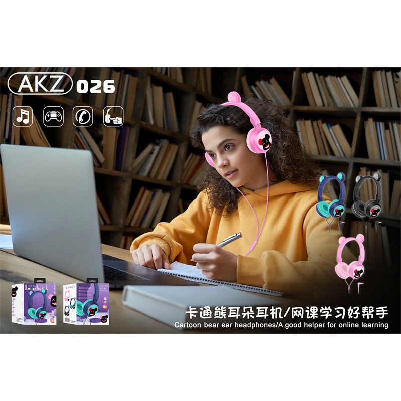 Tai Nghe Chụp Tai AKZ-026 Có Dây Chuẩn 3.5MM Hình Gấu Trúc Dễ Thương Cho Bé