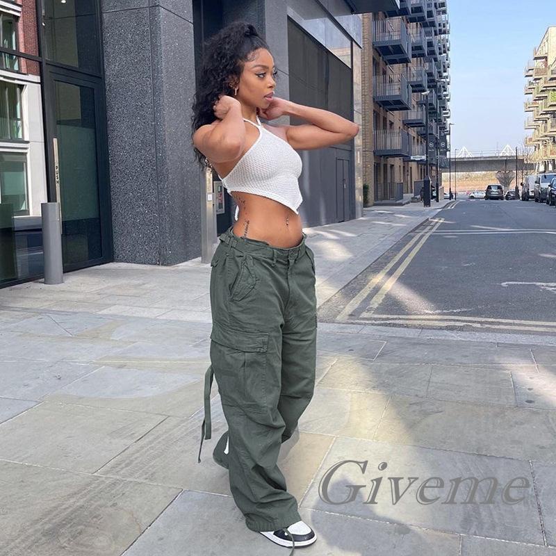 Quần Baggy Cổ Điển Màu Trơn Lưng Thấp Có Túi Màu Đen / Xanh Lá / Hồng Dành Cho Nữ