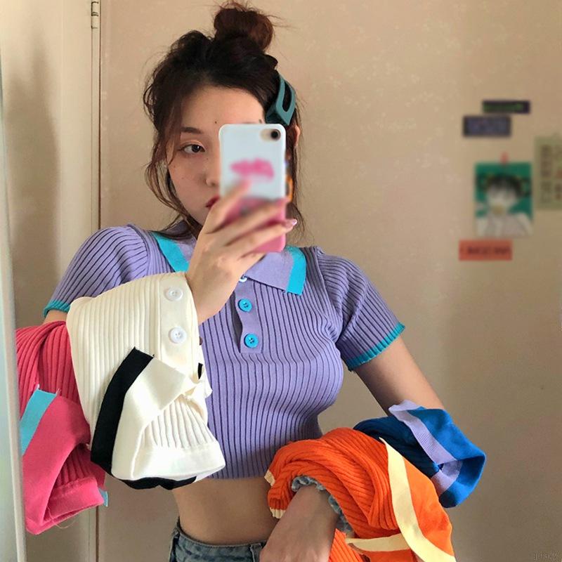 Áo Croptop Dệt Kim Tay Ngắn Màu Sắc Tương Phản Phong Cách Hàn Quốc Cho Nữ
