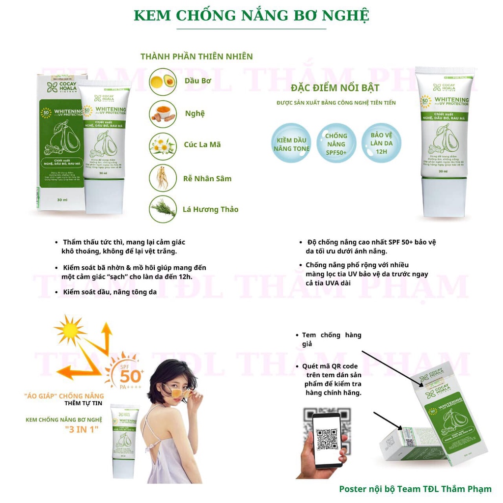 Kem chống nắng Nghệ Bơ Cocayhoala-kiềm dầu, chống thấm nước, nâng tông da SPF50+ PA+++ 30ml