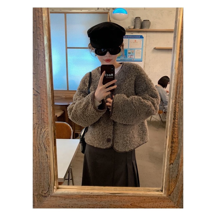 Áo Khoác Len Lông Cừu Ngắn Dáng Rộng Cổ Chữ V Thời Trang Thu Đông Hàn Quốc 2022