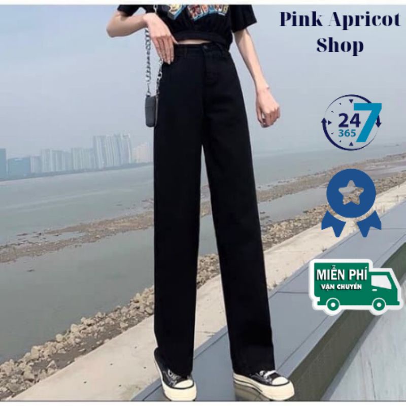 Quần bò ống rộng nữ đen cạp cao Pink Apricot Shop