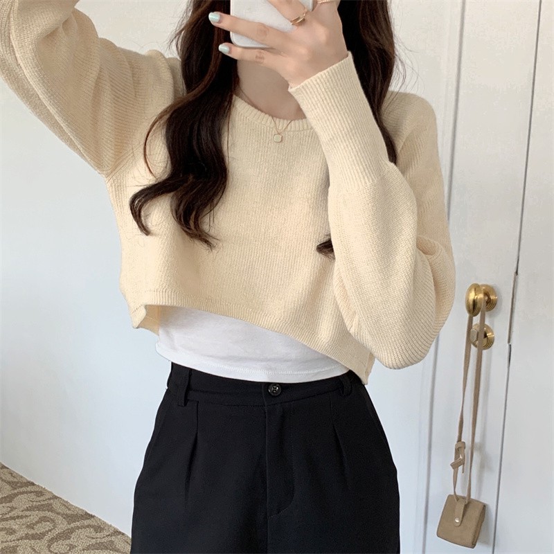 QADCOL Áo khoác ngắn đan dệt kim tay dài thời trang nữ