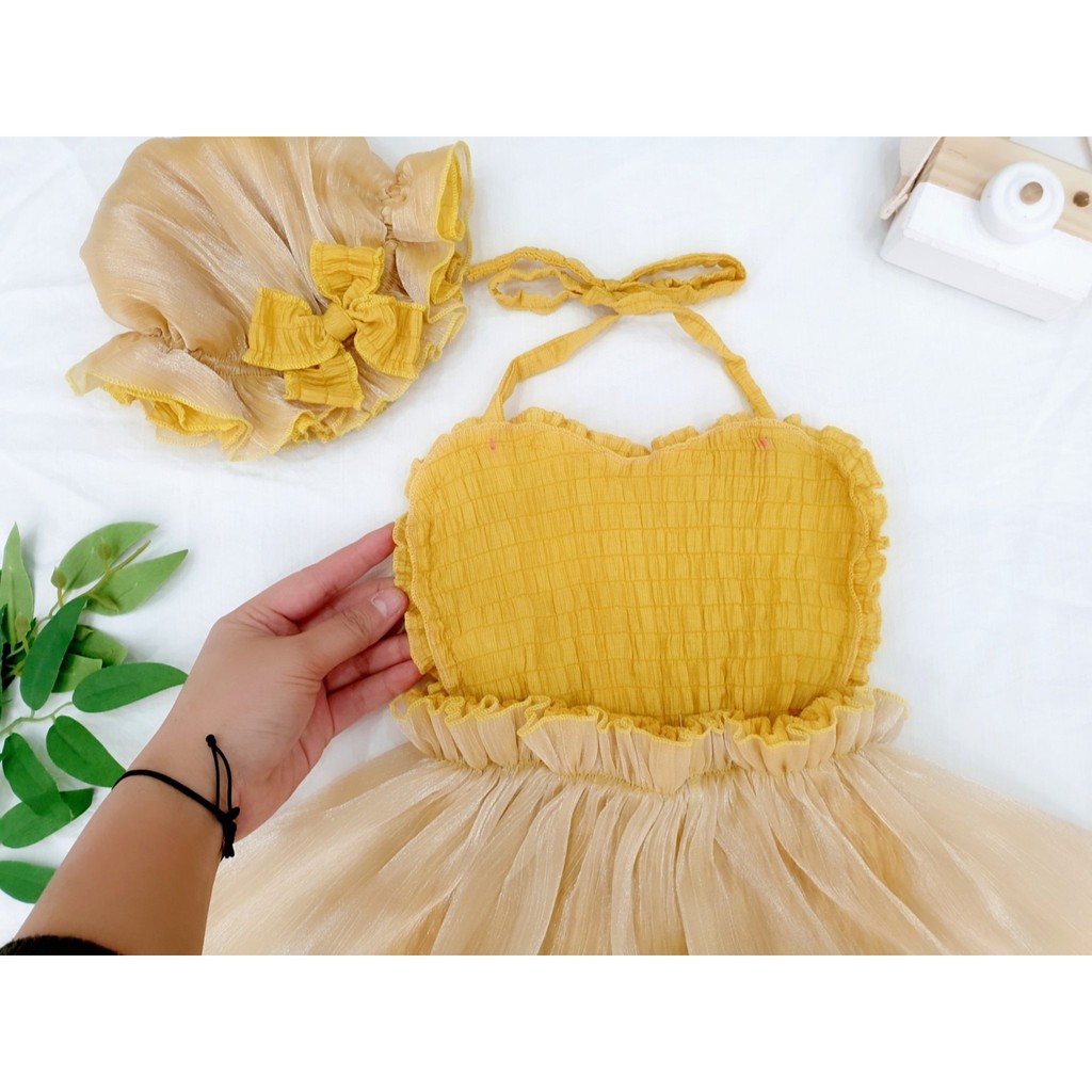 Set Body váy yếm vàng kèm nón cho bé gái ⚡ 𝗙𝗥𝗘𝗘𝗦𝗛𝗜𝗣 ⚡ Hàng thiết kế - Chất liệu cao cấp và an toàn cho bé
