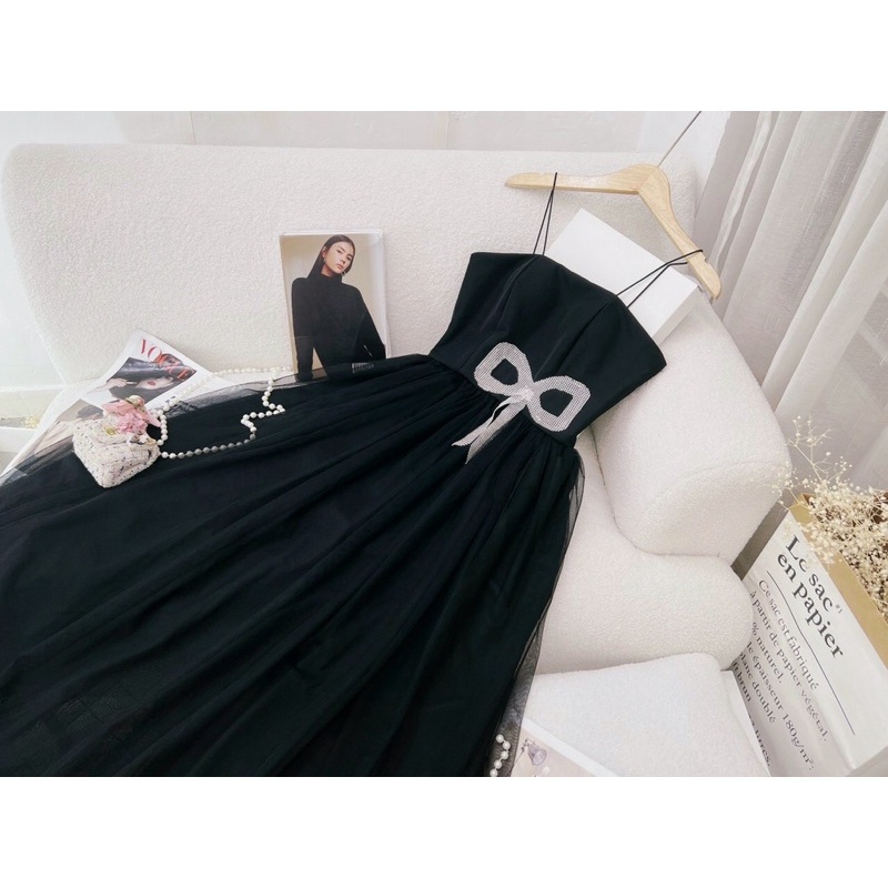 Đầm dạ hội hai dây lưới đen,váy maxi dạ hội đen kết nơ