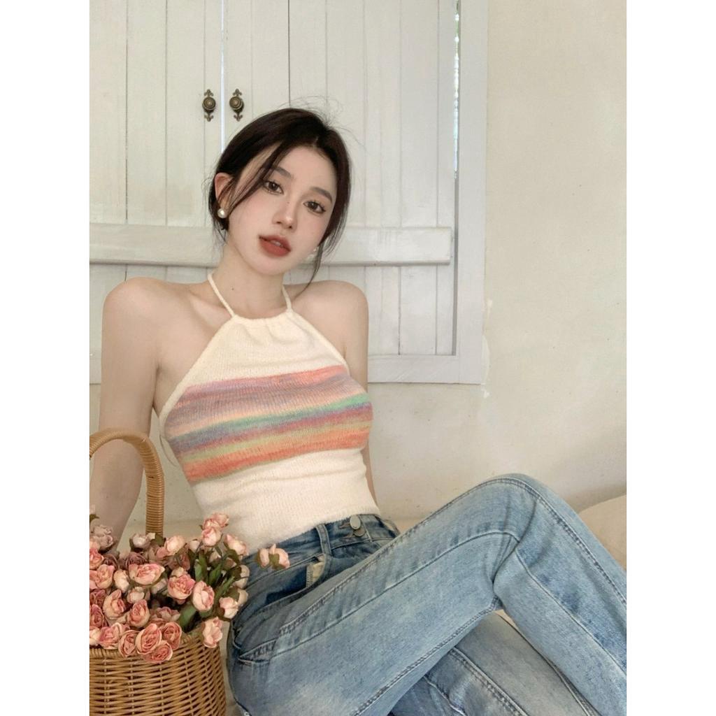 QKOOLE Áo Croptop Hai Dây Hở Lưng Họa Tiết Kẻ Sọc Nhiều Màu Sắc Thời Trang Mùa Hè Quyến Rũ Cho Nữ