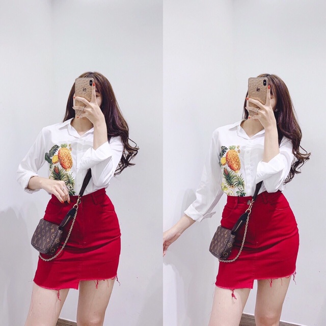 Set chân váy đỏ + áo sơmi in dứa cực xinh xắn ❤️