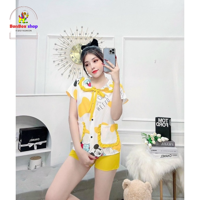 PA04#PIZAMA quần đùi tay ngắn vải lụa cho bé từ 32-45kg, đồ ngủ cho nữ giá rẻ