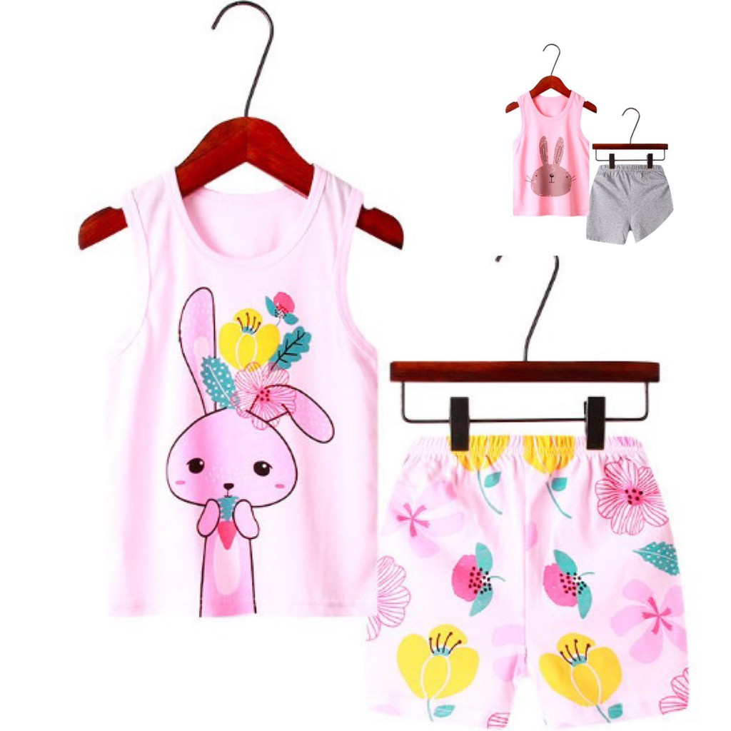 NEW 2022 ĐỒ Bộ quần áo trẻ em ba lỗ mùa hè bé gái in hình thỏ hoa màu hồng