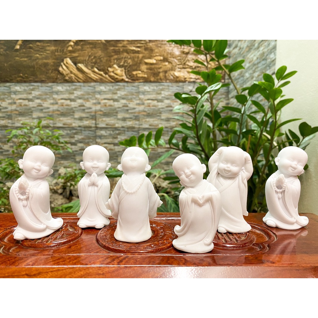 Bộ Chú Tiểu Tam Không, Yêu Đời, Tự Tại, An Yên Đá đúc Trắng trang trí bàn làm việc, nhà cửa, quà tặng PT80