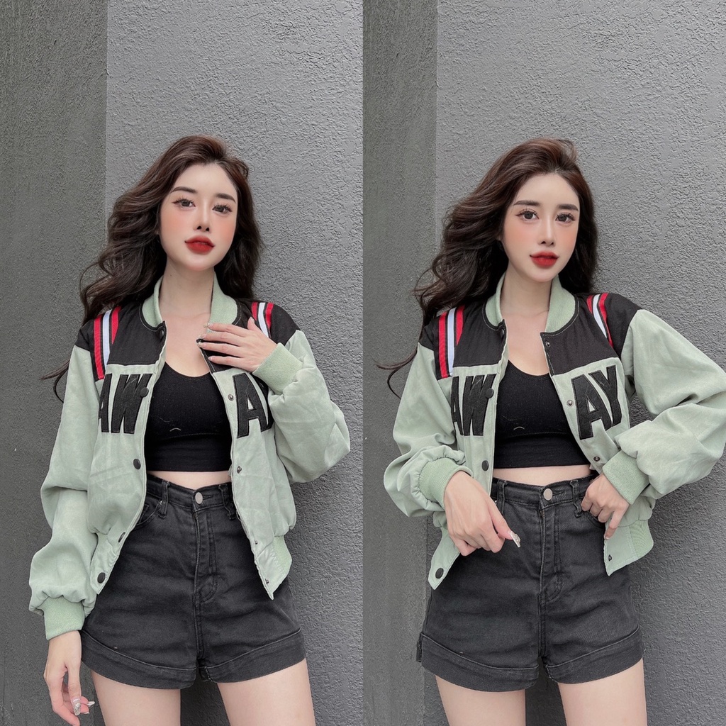 Áo Khoác Bomber Nữ Chất Liệu Da Lộn Thêu AWAY Phối Màu Cá Tính Viền Dây Cực Đẹp Form Chuẩn Lên Mẫu Siêu Sang Trọng