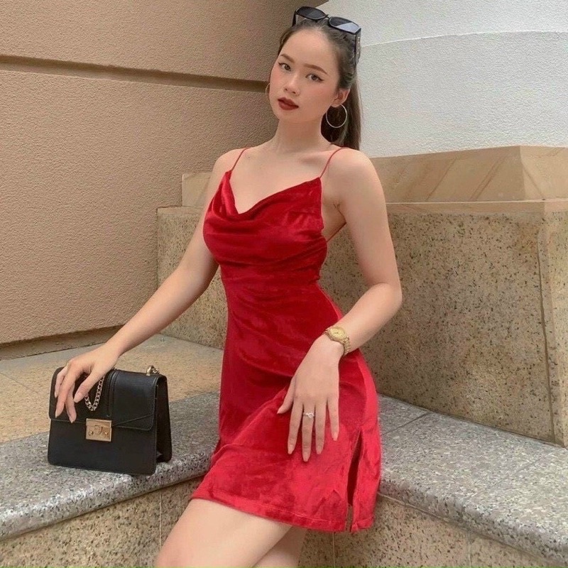 Đầm Body Hai Dây Nhung Hở Lưng Có Mút Ngực Sẵn -D23-