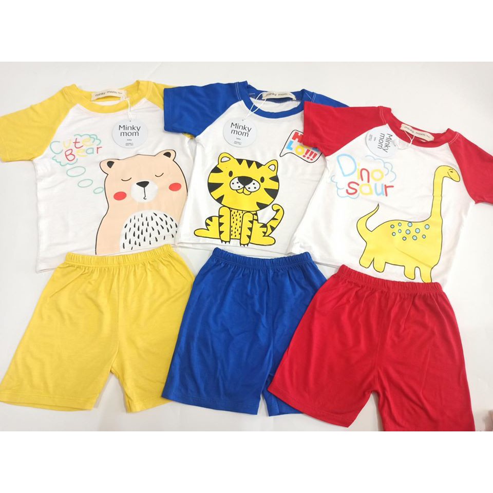 Bộ Minky Mom Cộc Tay Thun Lạnh Khủng long - mèo - hổ Dễ Thương Cho Bé 5-20kg