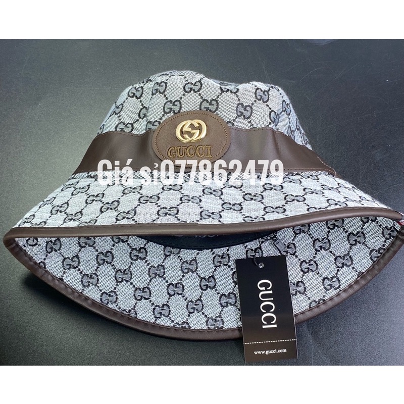 mũ vành Gu xì nữ - Nón bucket đai nâu logo sắt G (G) thêu chữ nhỏ sành điệu thời trang nữ