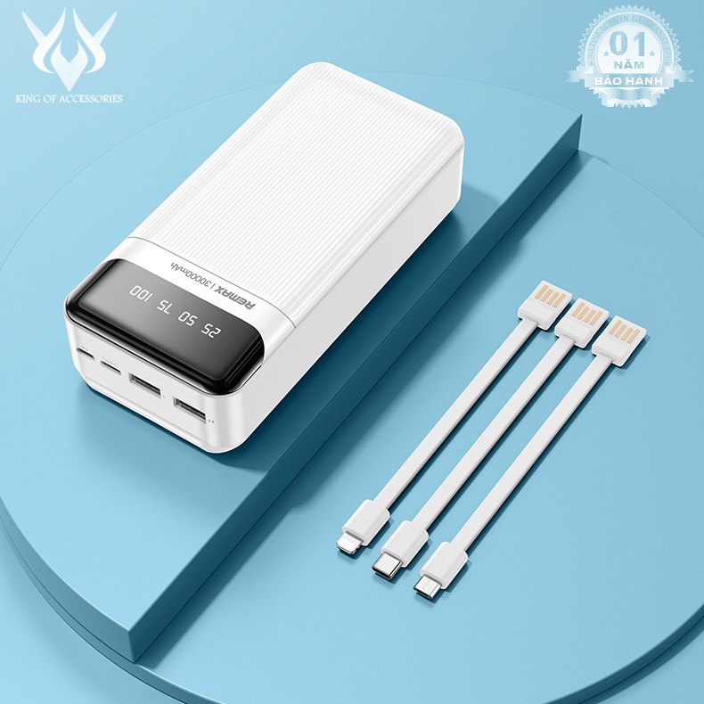 Pin dự phòng Remax RPP-103 dung lượng 30000mAh màn hình LCD - kèm 3 cáp sạc microUSB/ typeC/ LN (trắng)