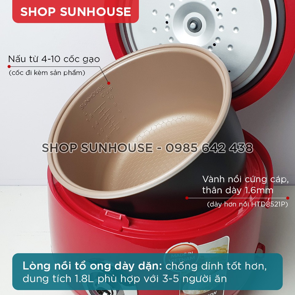 Nồi cơm điện 1.8L SUNHOUSE SHD8606R bản cao cấp của HTD8522G bảo hành 12 tháng | BigBuy360 - bigbuy360.vn