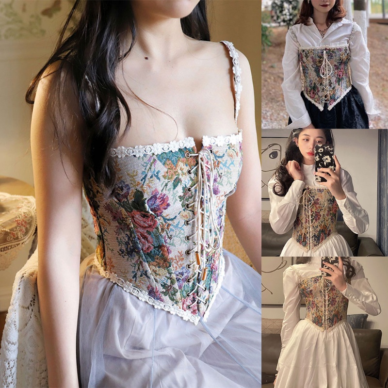 Áo Crop Top Hai Dây In Họa Tiết Hoa Phong Cách Vintage Thời Trang Mùa Hè Cho Nữ