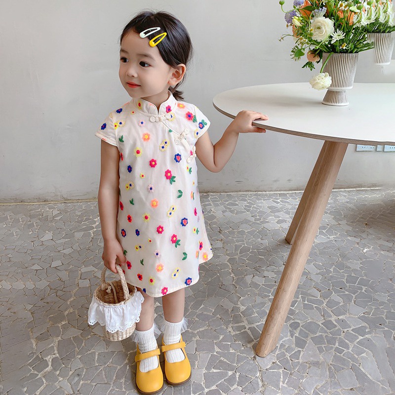 Đầm Sườn Xám Tay Ngắn In Hoa Kiểu Hàn Quốc Thời Trang Mùa Hè Se7en Cho Bé Gái