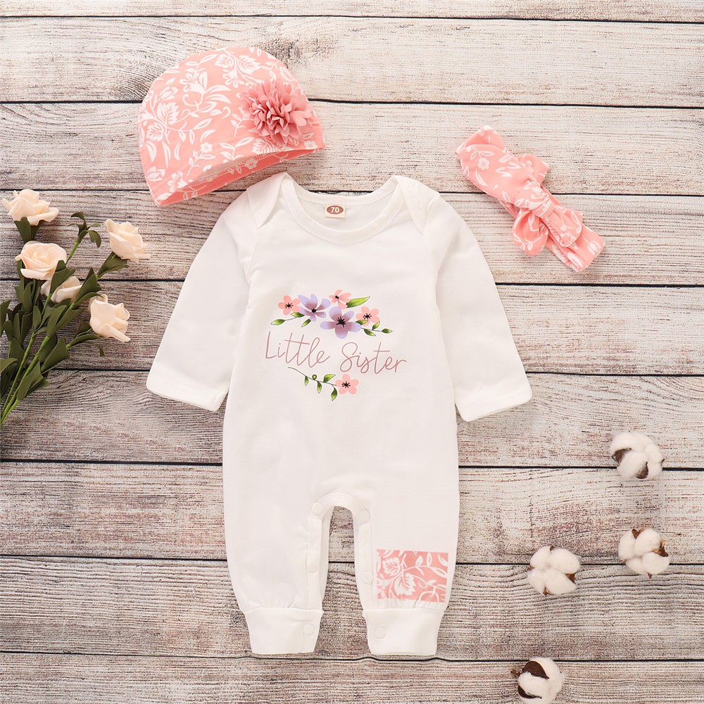 Newborn Toddler Baby Girl 3PCS Set Cotton Cute Romper Long Sleeve Floral Letters Print Bodysuit + Headband & Hat