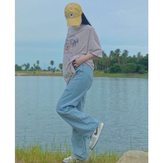 Quần Jean Ống Rộng Rách Gối Lưng Cao Siêu Hot