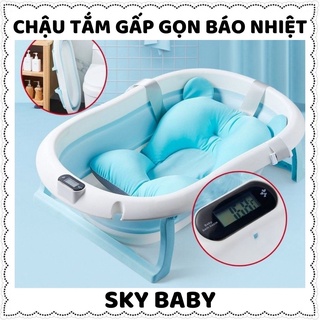 Chậu tắm cho bé gấp gọn BÁO NHIỆT ĐỘ, thau tắm cho trẻ sơ sinh từ 0-5 tuổi, chỗ cài vòi hoa sen