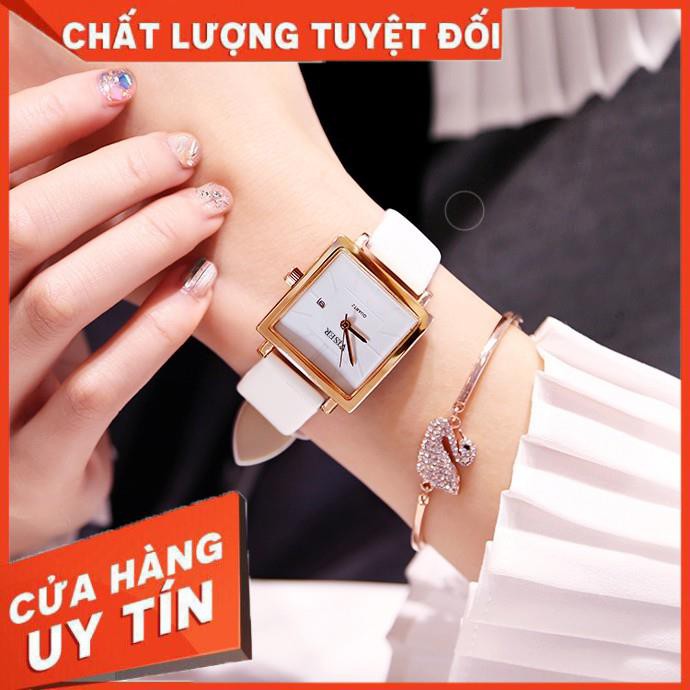 [SALE 50%] Đồng hồ thời trang nữ VISER dây da, có lịch ngày, mặt vuông tuyệt đẹp